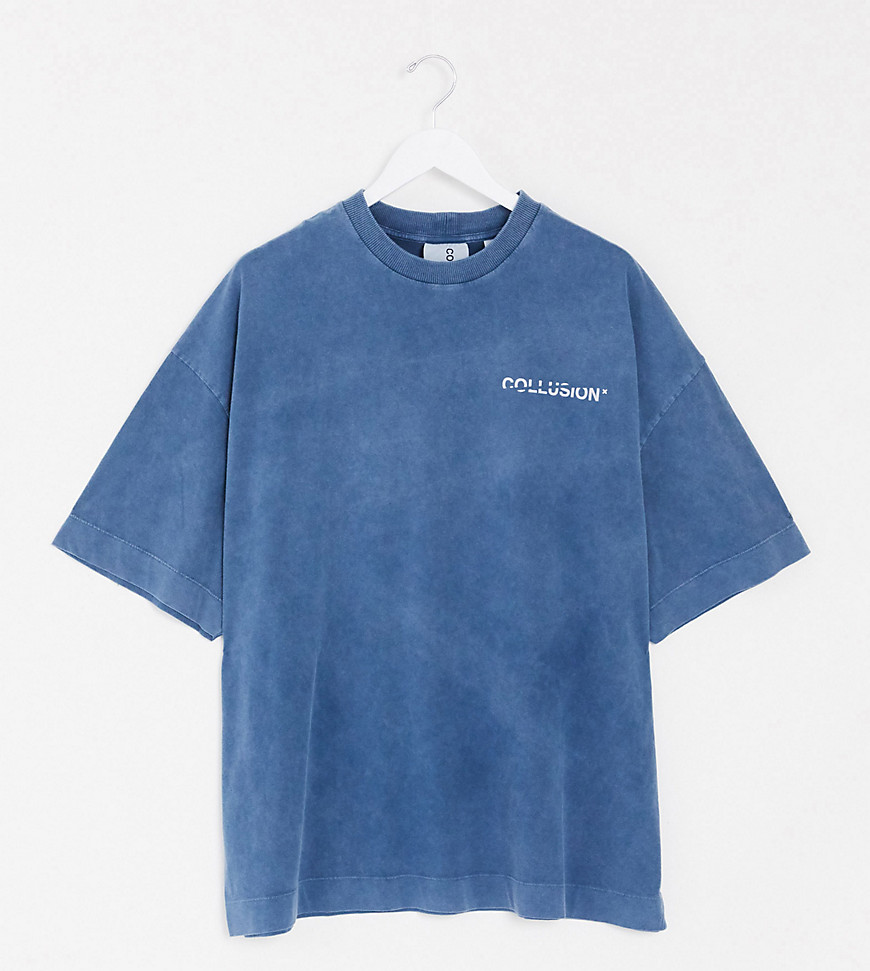 COLLUSION Unisex – Blå t-shirt i oversize-modell med tvättad finish