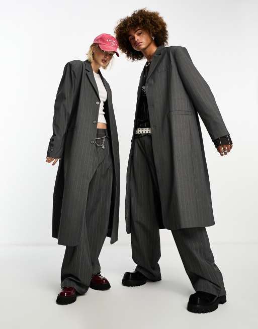 COLLUSION Unisex - Blazer sartoriale taglio lungo grigio gessato in coordinato