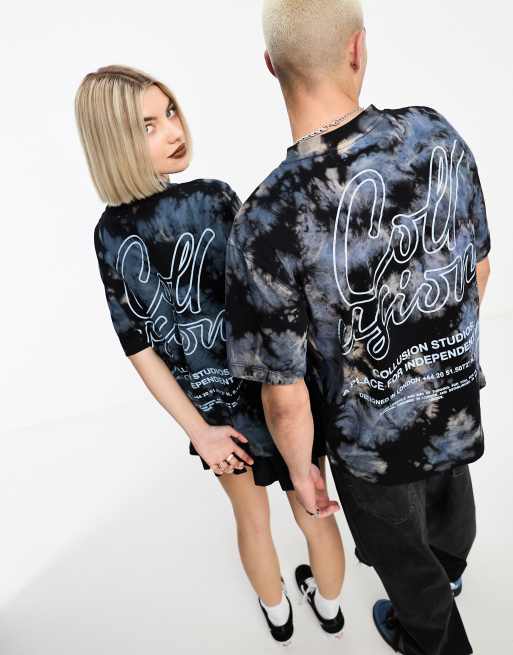 COLLUSION Unisex bleached back print t-shirt in blue