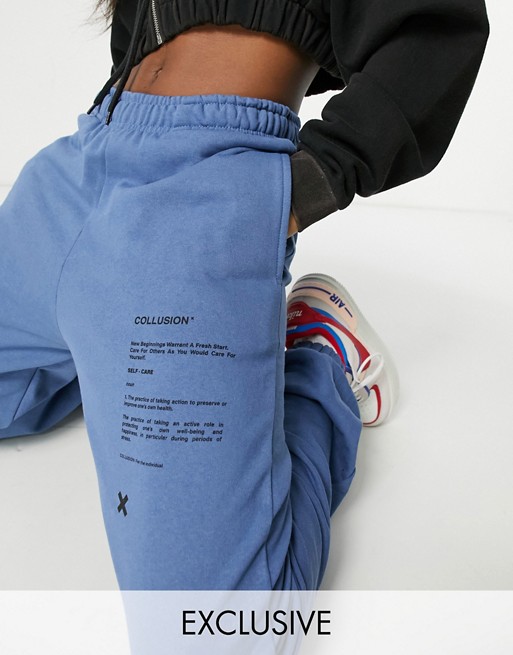 COLLUSION Unisex blues oversized joggers with print co-ord