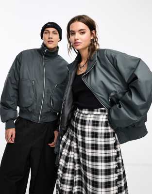 Collusion Unisex Bomber Jacket With Asymmetric Zip In Dark Green