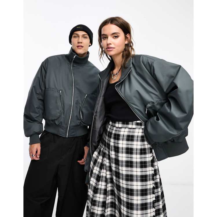 COLLUSION Unisex bomber jacket with asymmetric zip in dark