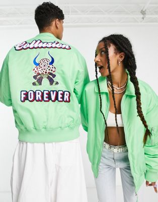 COLLUSION Unisex bomber jacket with branded forever print in green - ASOS Price Checker