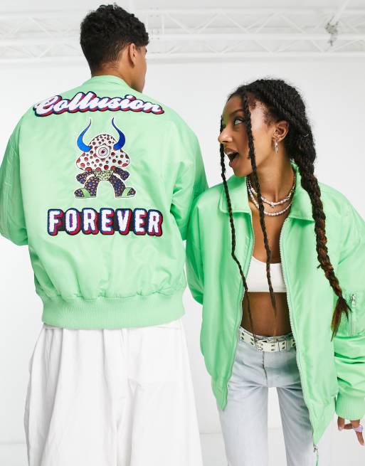 COLLUSION Unisex – Bomberjacke in Grün mit verstärktem „Forever“-Print