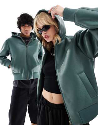 Unisex bonded faux leather hooded bomber jacket in forest green