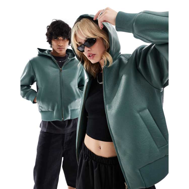 COLLUSION Unisex bonded faux leather hooded bomber jacket in forest green ASOS