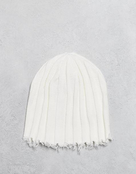 COLLUSION Unisex - Bonnet en maille torsadée avec ourlet effiloché - Blanc - view 1
