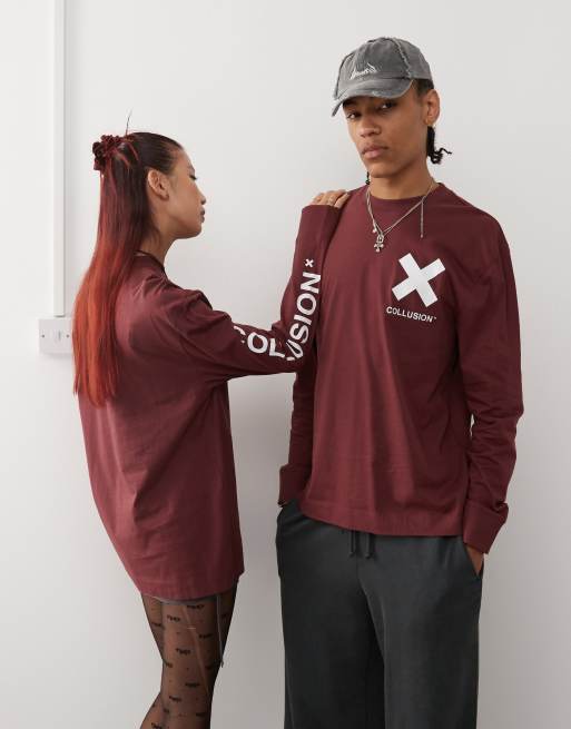 COLLUSION Unisex - Bordeauxrød langærmet T-shirt med logo