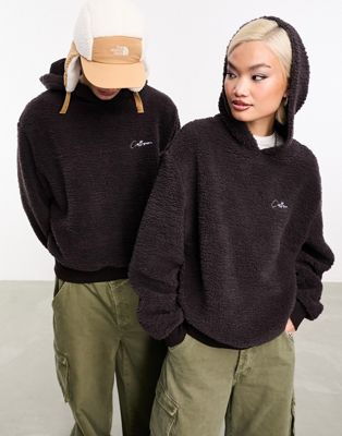 COLLUSION Unisex borg hoodie in brown with embroidered logo - ASOS Price Checker