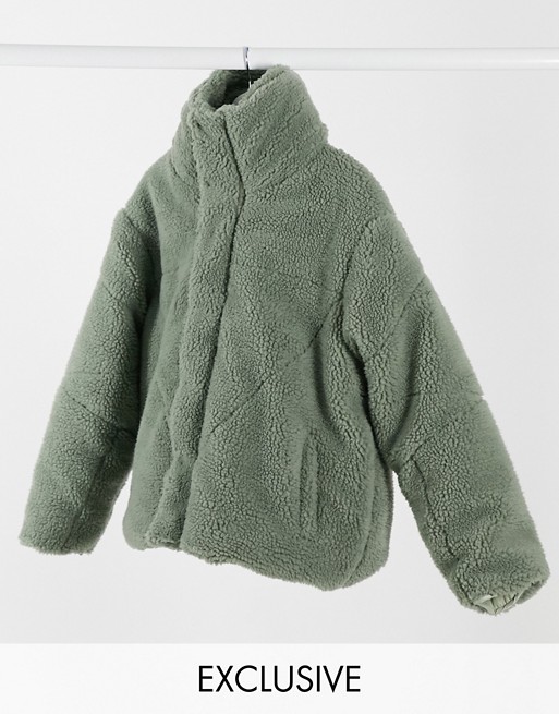 COLLUSION Unisex borg puffer in sage green