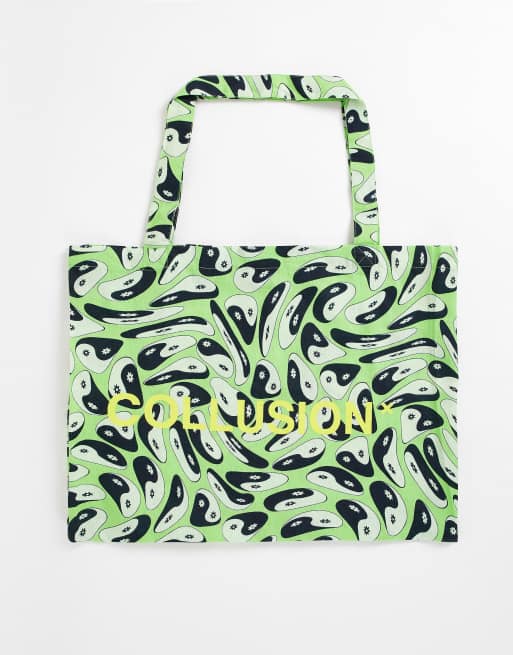 COLLUSION Unisex - Borsa da mare verde con stampa yin-yang