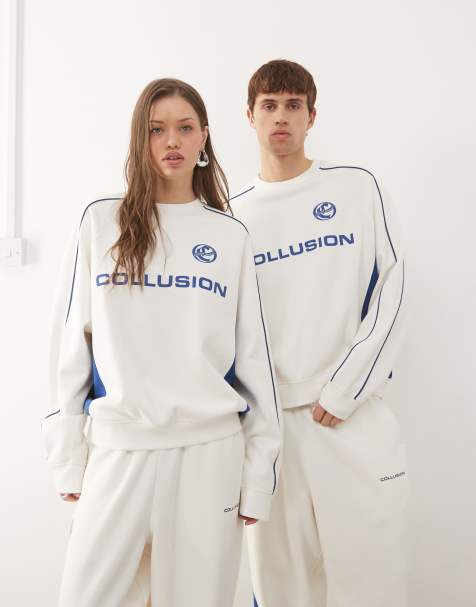 COLLUSION Unisex Boxy football sweatshirt in cream and blue (Part of a set) - view 1