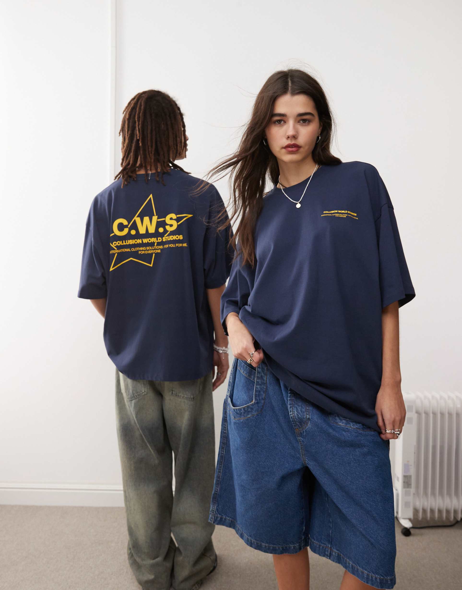 collusion unisex boxy graphic t-shirt in blue
