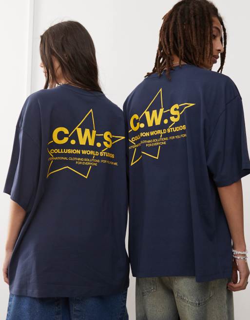COLLUSION Unisex boxy graphic T-shirt in blue 