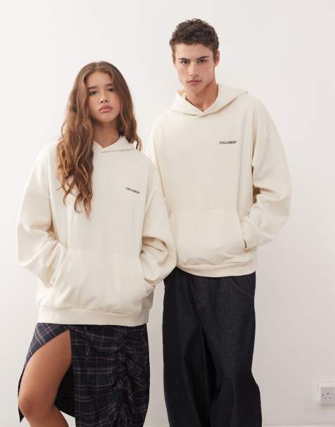 COLLUSION Unisex boxy hoodie in ecru with logo print - view 1