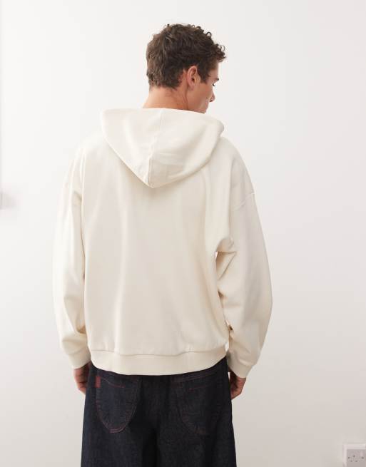 COLLUSION Unisex boxy hoodie in ecru with logo print, 4 of 4