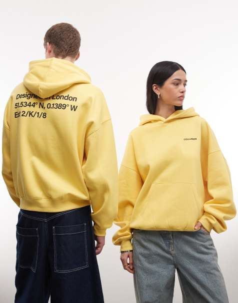 COLLUSION Unisex Boxy oversized hoodie in yellow with back logo graphic - view 1