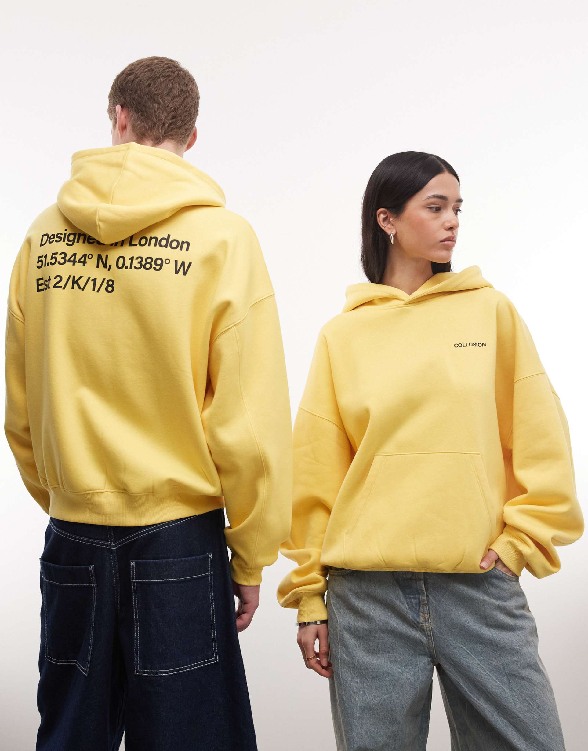 collusion unisex boxy oversized hoodie in yellow with back logo graphic