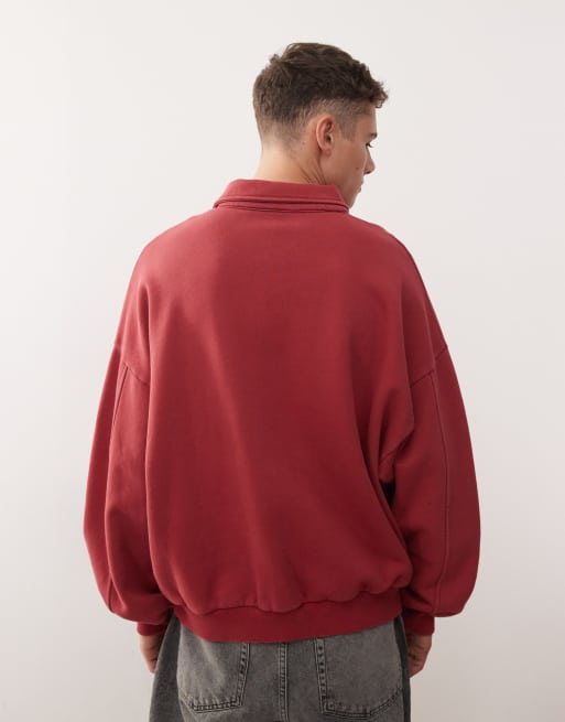 COLLUSION Unisex boxy polo sweatshirt in red with wash, 2 of 4