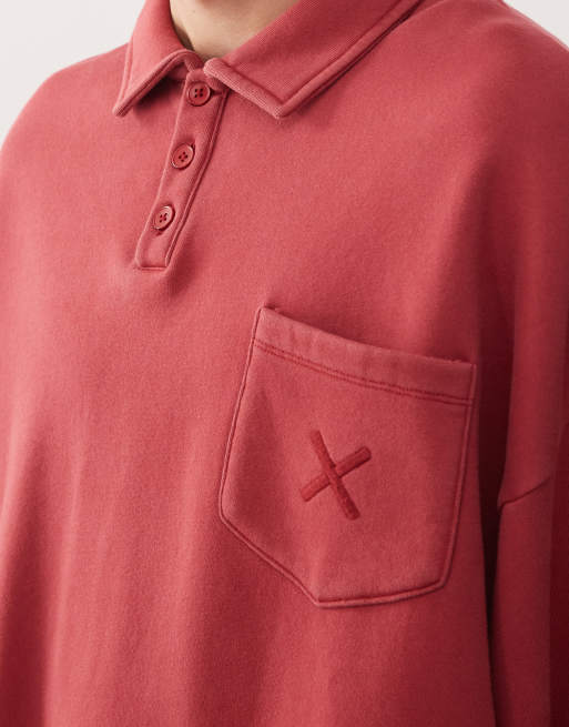 COLLUSION Unisex boxy polo sweatshirt in red with wash, 4 of 4