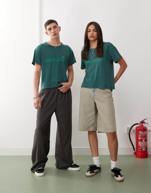 COLLUSION Unisex boxy printed tee in washed green, 3 of 4