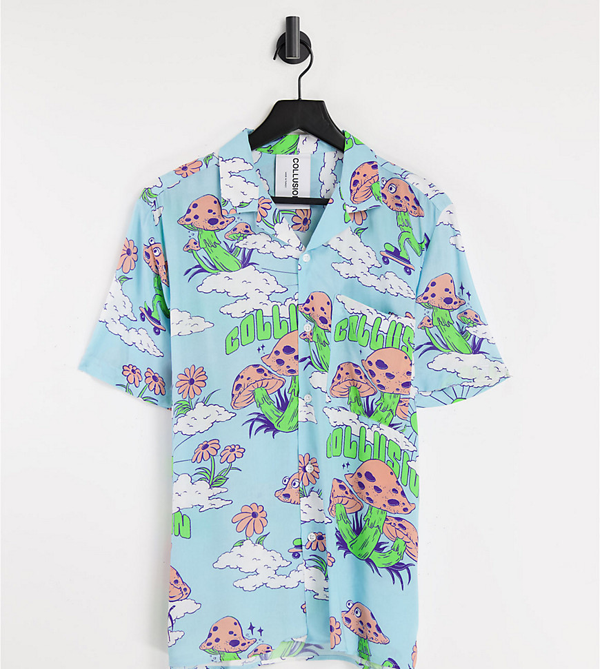 COLLUSION unisex boxy revere shirt in all over mushroom print-Blues