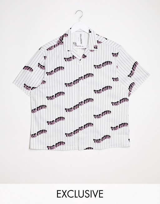 COLLUSION Unisex boxy shirt with typo pinstripe