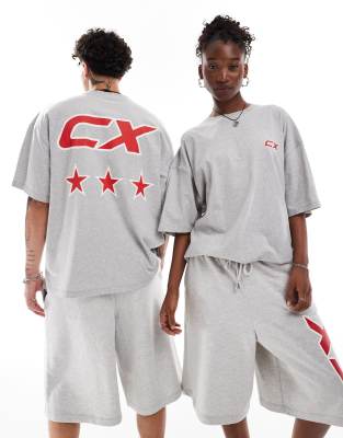 Unisex boxy skater fit T-shirt in gray heather with red print - part of a set