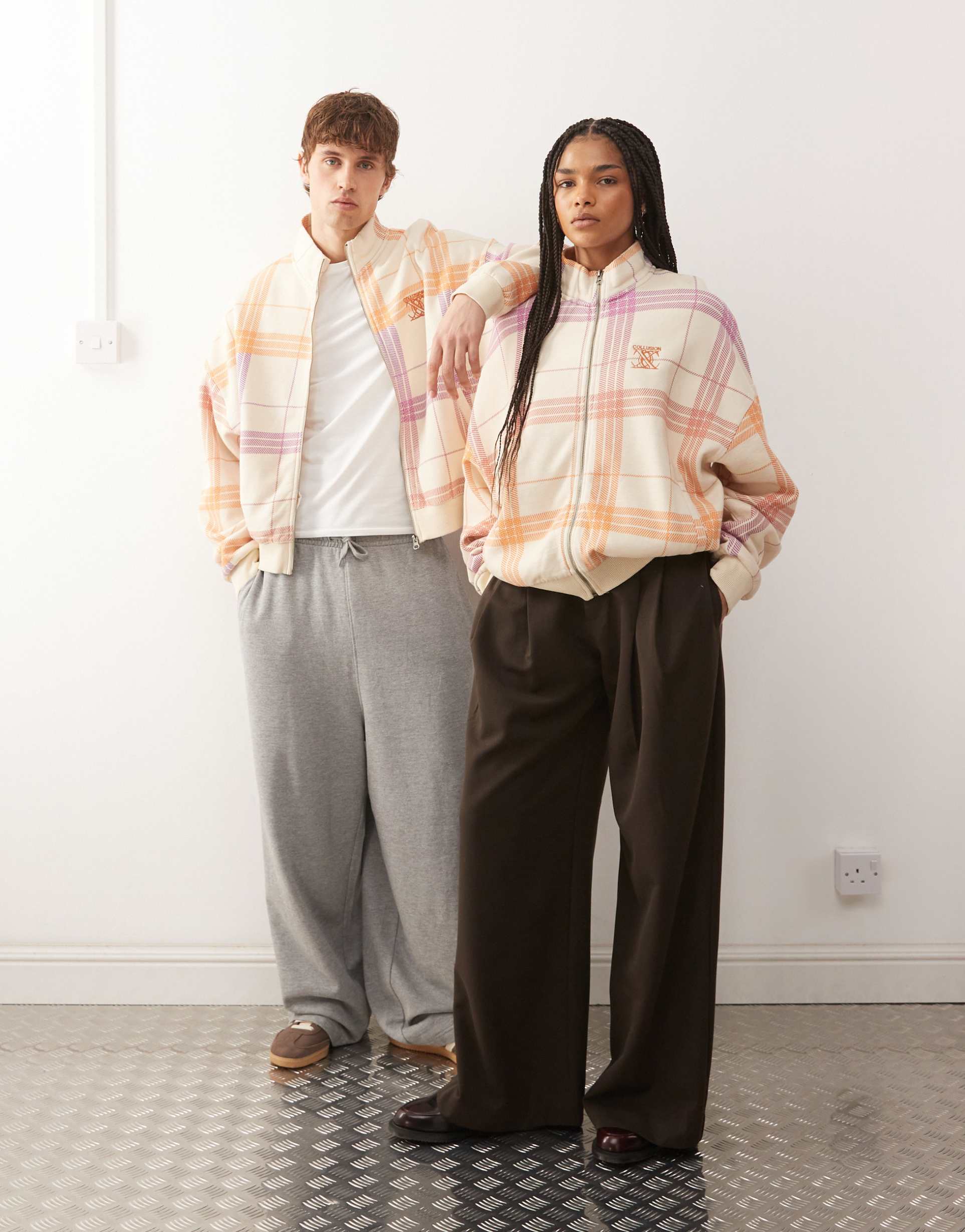 collusion unisex boxy sweatshirt track jacket in plaid
