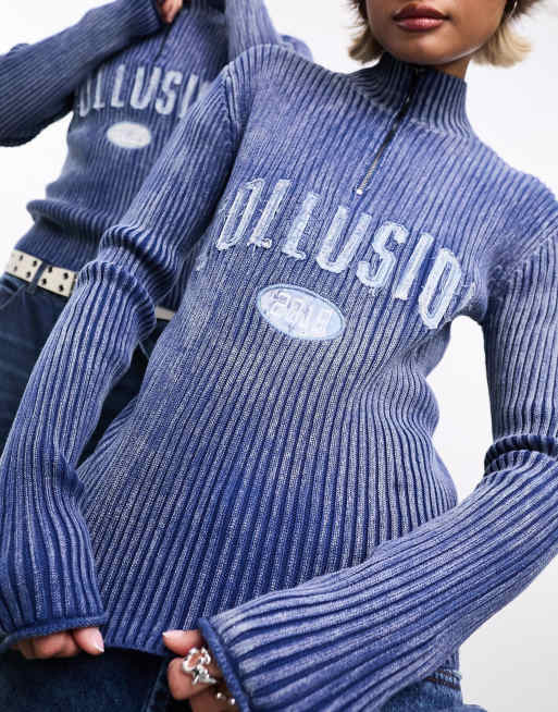 トップス teloplan Ito Collar Sweater blue Women's Mendocino Crew Neck Sweater Colorblock