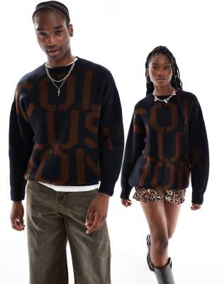 Collusion Unisex Branded Oversized Crew Neck Sweater In Navy