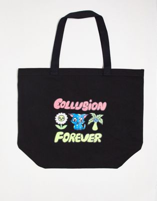 COLLUSION Unisex branded printed tote bag in black