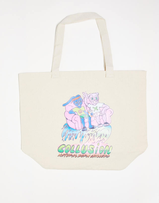 COLLUSION Unisex branded printed tote bag in ecru