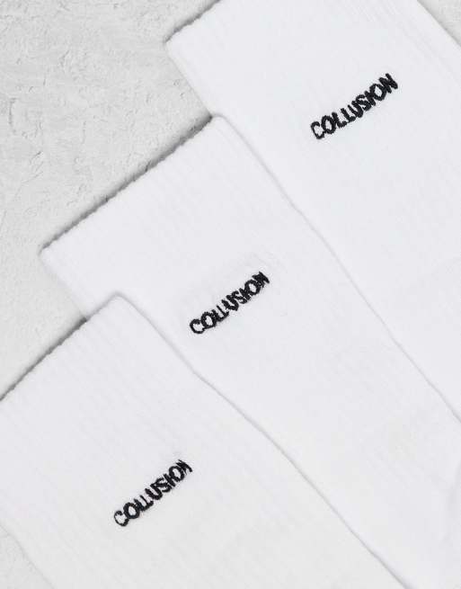 COLLUSION Unisex branded sock 3 pack in white, 3 of 3