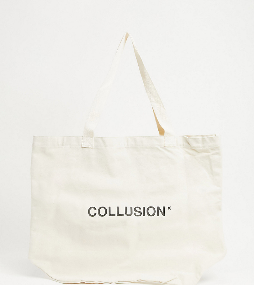 COLLUSION Unisex branded tote bag in ecru-White