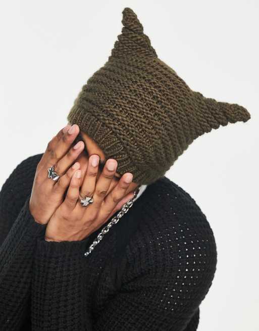 COLLUSION Unisex – Brązowa szydełkowana czapka beanie z uszkami