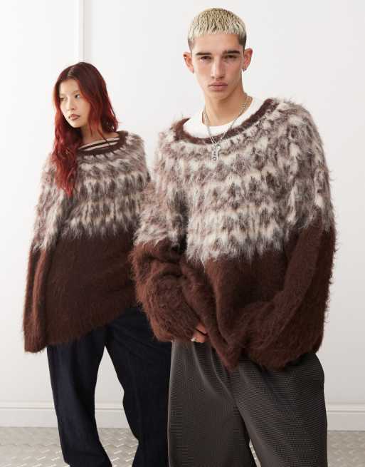 COLLUSION Unisex – Brązowy sweter oversize z czesanej dzianiny w nordycki wzór, 2 z 4