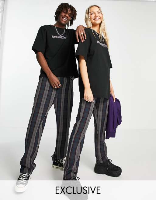 COLLUSION Unisex - Broek met wijde pijpen in marineblauw met ruiten