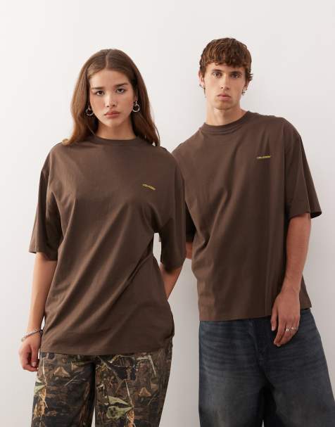 COLLUSION - Unisex - Brun T-shirt med gult print i skater fit - view 1