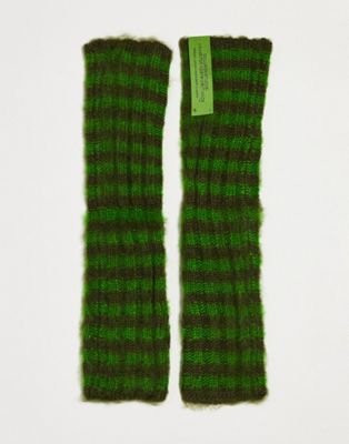 Collusion Unisex Brushed Arm Warmer Gloves In Green Stripe