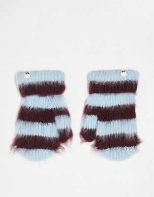 Collusion COLLUSION Unisex brushed mittens in blue & burgundy stripe-Multi