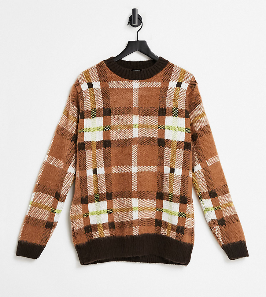 COLLUSION Unisex brushed plaid sweater in brown