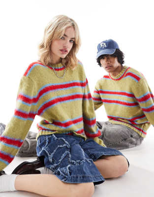 Collusion Unisex Brushed Stripe Crew Neck Sweater In Green