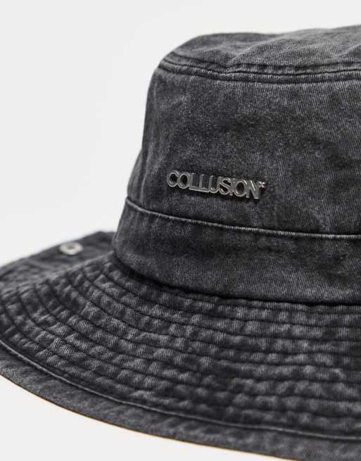 COLLUSION Unisex - Bucket hat in gewassen denim met koord in zwart, 4 van 4