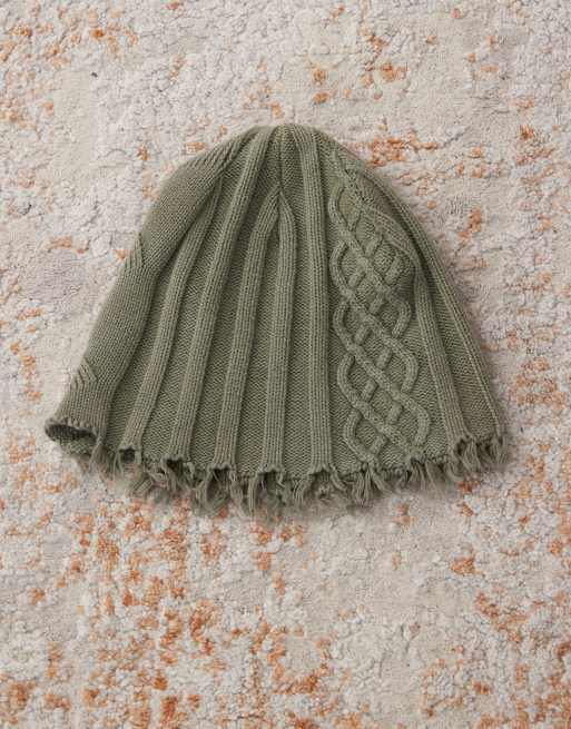COLLUSION Unisex cable knit raw hem beanie in washed olive | ASOS