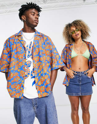 COLLUSION Unisex - Camicia da mare multicolore in lino con stampa a fiori di ibisco