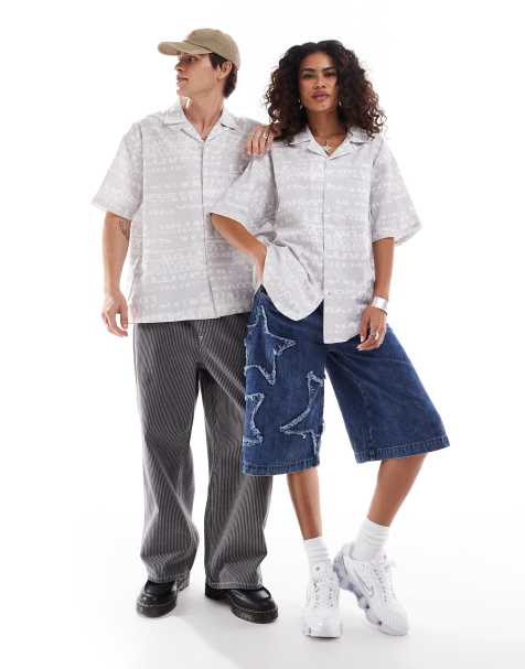 COLLUSION Unisex - Camicia grigia in lino e cotone con stampa stile quotidiano e rever - view 1