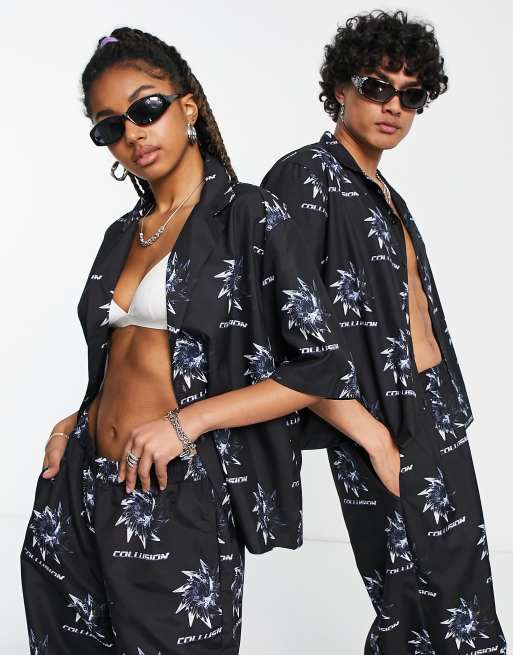 COLLUSION Unisex - Camicia nera stampata a maniche corte in coordinato