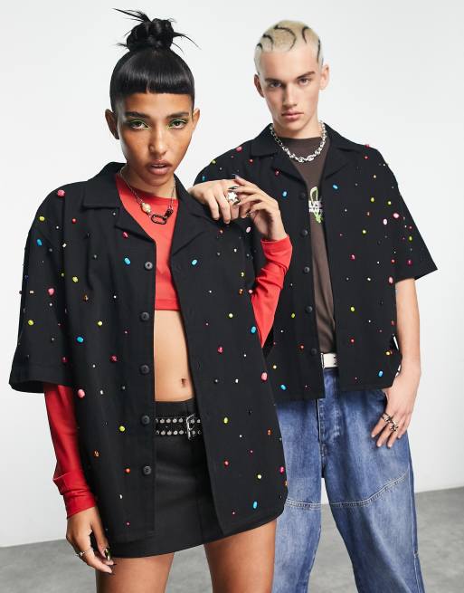 COLLUSION Unisex - Camicia oversize nera con perline 