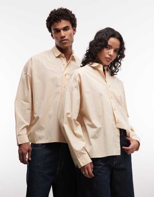 COLLUSION Unisex - Camicia oversize squadrata a maniche lunghe color latticello a righe
